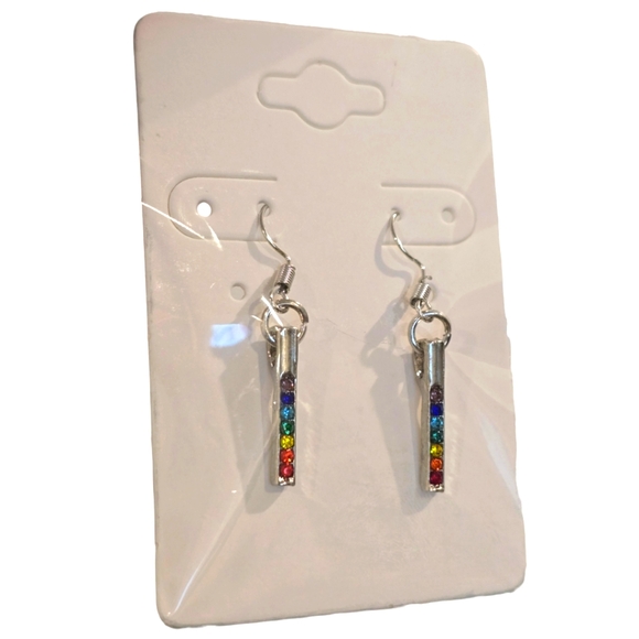 New! Linear Drop Silver and Rainbow Gem Earrings - Picture 3 of 3